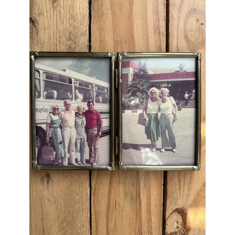 Vintage Bi Fold Double Metal Brass Tabletop/Wall Hanging Picture Frame 70s Photo - Picture 2 of 9